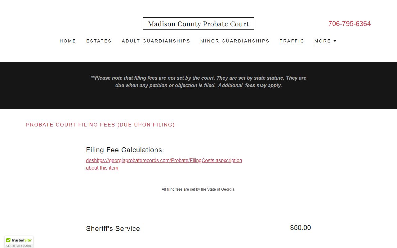 Madison County probate records filing fee and publication fee page